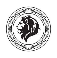 Circular design with lion head sketch art with the royal crown for stamps, logo, tattoos, and printing