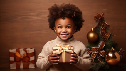 little cute boy holding gift box with ribbons on color background, child in knitted sweater, smiling happy kid, new year, christmas, eve, present, kindergarten, childhood, holiday, winter, toddler