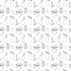 Household items on a white background. Contour drawing. Lamps, lantern, candle and bouquets in vases. Seamless pattern. Background for paper, cover, fabric, interior decor. 