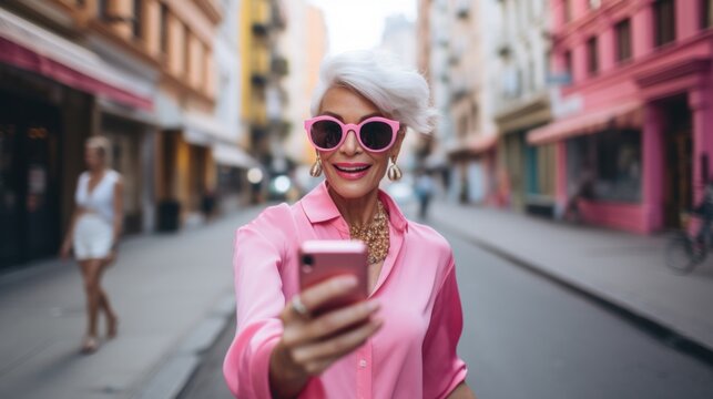 Beautiful fashionable retired woman blogger, influencer taking selfie photo, Happy tourist walking in city making phone video call