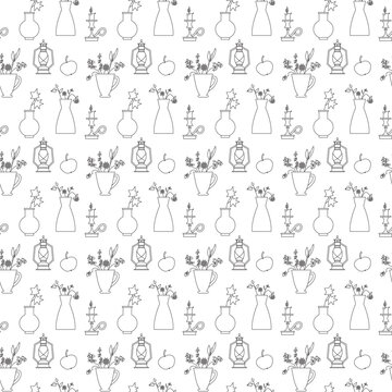 Household items on a white background. Contour drawing. Lamps, lantern, candle and bouquets in vases. Seamless pattern. Background for paper, cover, fabric, interior decor. 