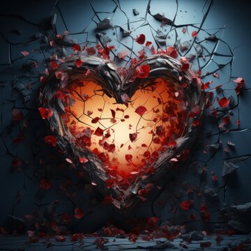 Sad sensational celebration of cracked and broken love symbols on a plain background, great to use for valentines, advertisements, social media, broken hearts etc. Generative Ai Image