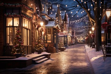 Christmas Street, A Vibrant Winter Wonderland Aglow with Twinkling Lights, Festive Decorations, and Snow-Covered Sidewalks, Evoking the Magic of the Season