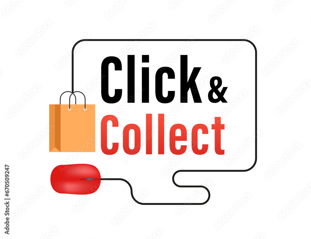 Poster click and collect icons. click an collect with computer mouse pointer or mouse. mouse cursor. concep