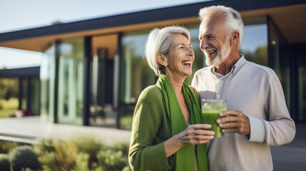 A retired couple drinks and enjoys a healthy green vegetable smoothie made from organic greens in the background of their home, Vegetarian detox diet for health - obrazy, fototapety, plakaty