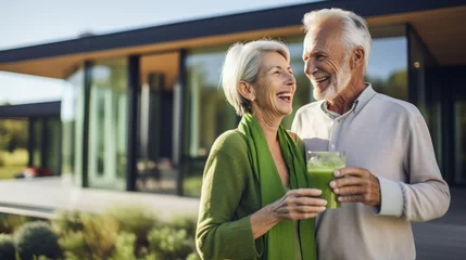 Muurstickers A retired couple drinks and enjoys a healthy green vegetable smoothie made from organic greens in the background of their home, Vegetarian detox diet for health © OlgaChan