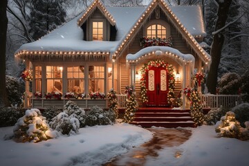 Fototapeta premium Christmas House, An Enchanting Winter Wonderland with Sparkling Decor, Glowing Lights, and a Snowy Garden, Inviting You to Experience the Magic of the Holidays