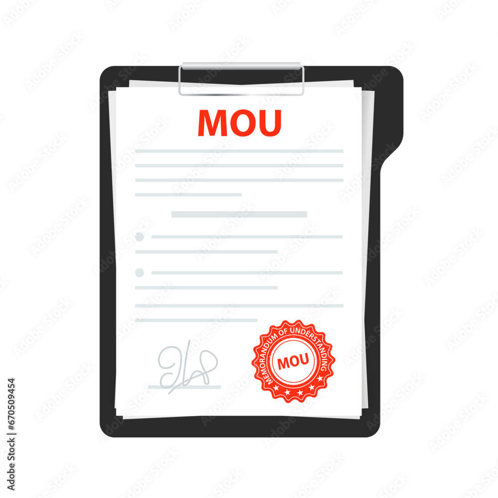 Poster memorandum of understanding concept. document with text, stamp, seal and signature. contract mockup 