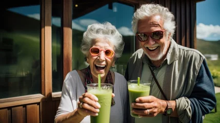 Poster A retired couple drinks and enjoys a healthy green vegetable smoothie made from organic greens in the background of their home, Vegetarian detox diet for health © OlgaChan