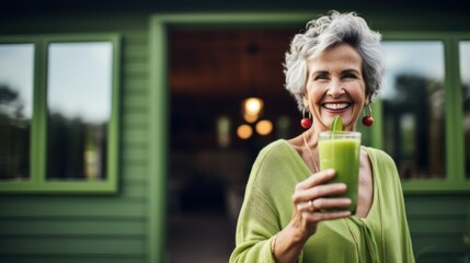 Happy pensioner woman drinking and enjoying a healthy green vegetable smoothie made from organic greens against the background of her home, Vegetarian detox diet for health