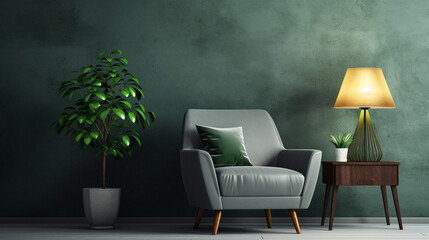 Living room with gray armchair on empty dark green wall background.