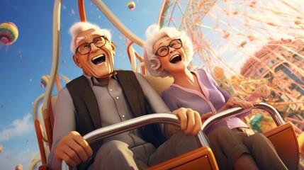 Obraz na płótnie Canvas cheerful extreme pensioners, elderly man and woman, spend their leisure time in an amusement park on a roller coaster, laughing and screaming, Active retired