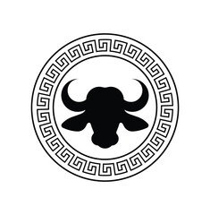 Trending circular design with Bull head sketch art, wild beast with gorgeous horns for stamps, logo, tattoos, and printing