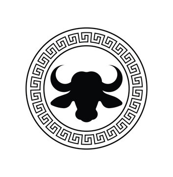 Trending circular design with Bull head sketch art, wild beast with gorgeous horns for stamps, logo, tattoos, and printing