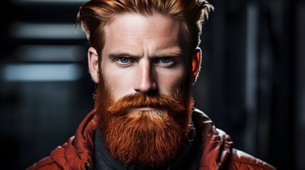 Fototapeta premium Perfect beard Close up. Handsome bearded young man close up. beautiful well-groomed red beard of elegant hipster male.