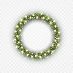 Christmas tree round border with green fir branches, snow and gold lights isolated on transparent background. Pine, xmas evergreen plants frame or circle banner. Vector ring string garland decoration