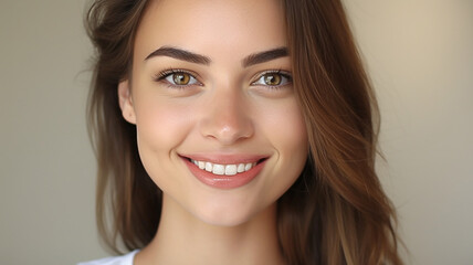 portrait of a happy and smiling young woman, brown hair, light eyes, young and hydrated skin, Eastern European origin. Dress a light white blouse, optical white background, close-up, 85mm photography 