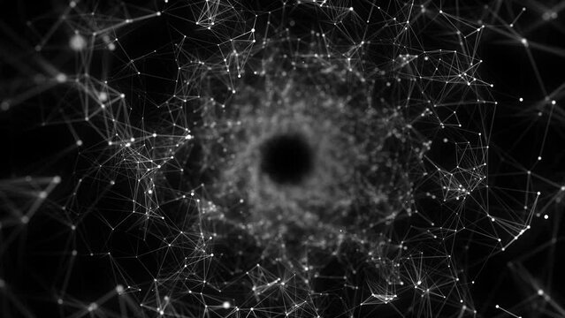 Abstract wireframe tunnel. Black wormhole. 3D portal grid. Futuristic fantasy circle funnel. 3d rendering.