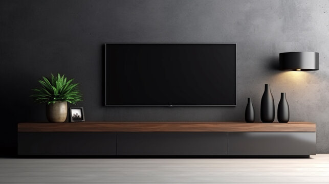 Minimal cabinet for tv interior dark brown wall mockup.