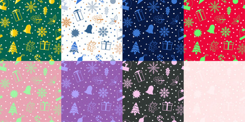 Set of Simple Seamless Christmas Pattern. Repeatable pattern of Christmas ornaments in colorful combinations. Vector Illustration.