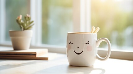 cute smile face Coffee Cup on Table generated by AI tool