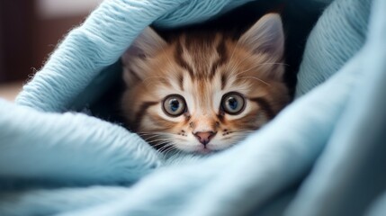 Curious Kitten on Blue Bed: Adorable Domestic Cat with Fluffy Whiskers and Piercing Eyes generated by AI tool 