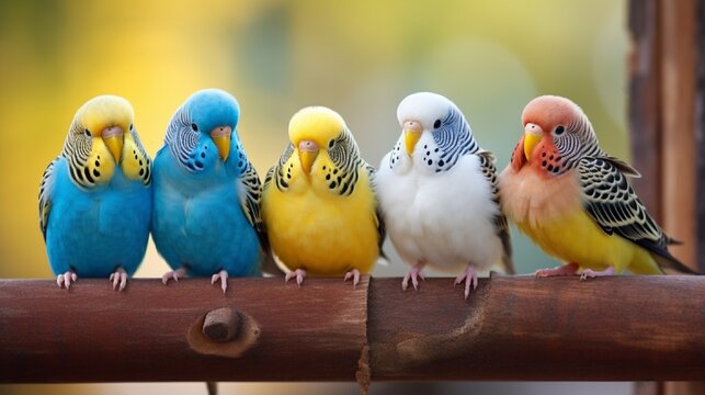 Five colorful budgies sit side by side on a wooden branch creating a bright and engaging composition for educational or nature media.