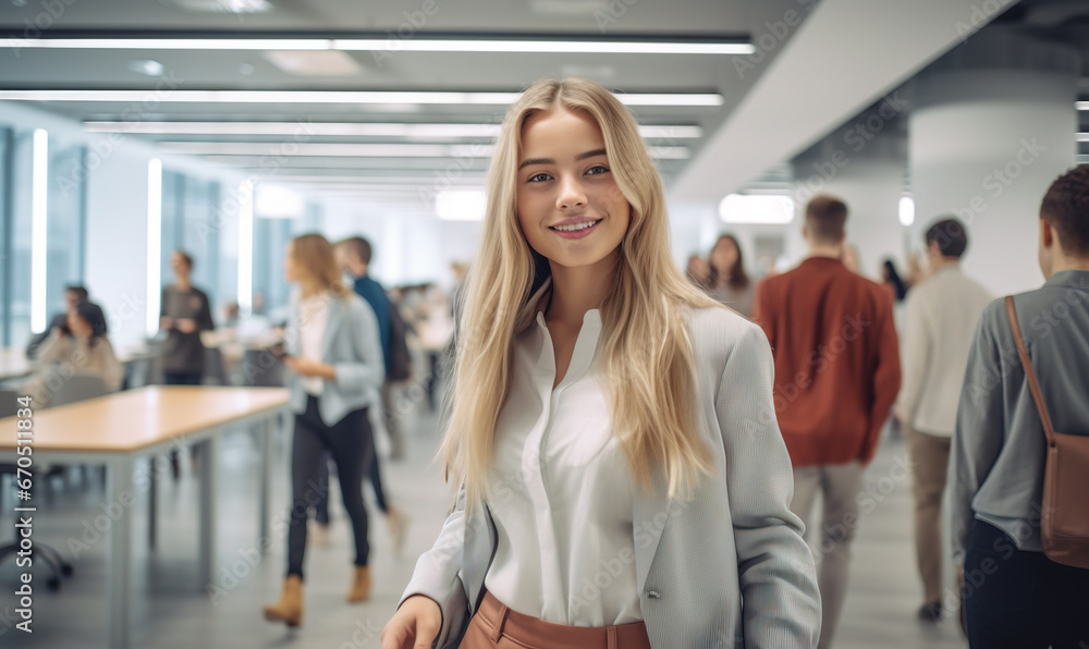 Wall mural Smiling young business woman in busy  open space workplace