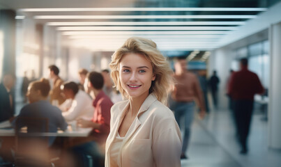 Smiling woman passing by in busy office with people working together on new project