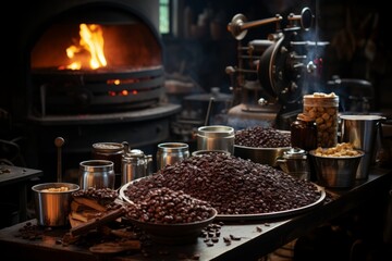 Coffee shop's coffee roasting process in the background, Generative AI 