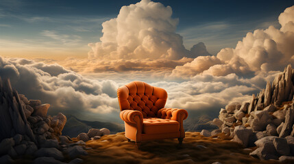 Orange Armchair Above the Clouds - obrazy, fototapety, plakaty