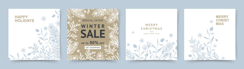Winter holidays square templates with hand drawn Сhristmas tree branches and snowflakes in pastel neutral colors. Winter sale on social networks. Vector for greeting card, cover, banner, social media  - obrazy, fototapety, plakaty