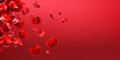 Valentine's Day background Rose petals background Mother's Day background Festive love  Red and pink flower petals fly over a red background, Flying Romantic Red Rose Flower Petals, GENERATIVE AI

