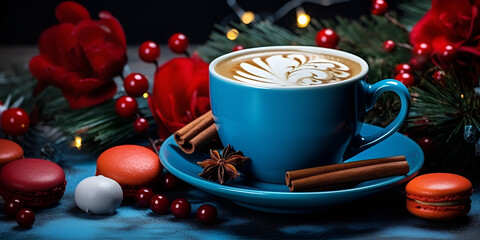 Obraz na płótnie Canvas Coffee cup and holiday decorations on a table Elegant Coffee Cup Amidst Christmas Decorations AI Generative 