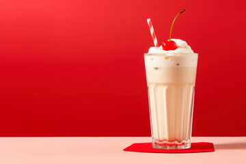 A Vanilla Milkshake with a Cherry, Set Against a Red Background with Copy Space, an Irresistible and Refreshing Dessert Drink
