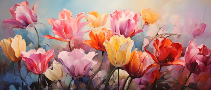 An abstract oil and acrylic painting showcases the enchanting beauty of a tulip against a textured canvas background, fusing the elegance of nature with artistic texture.