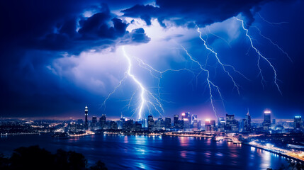 A thunderstorm with lighting strikes over an urban city skyline at night. Concept of violent weather and climate change. Shallow field of view.