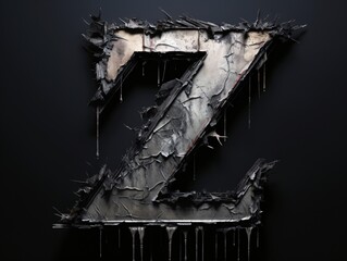 an open torn silver letter z on a black background