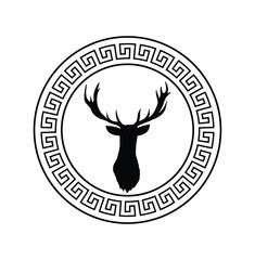 Trending circular design with stag head sketch art, deer with gorgeous horns for stamps, logo, tattoos, and printing