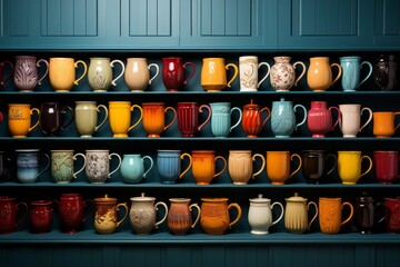 Coffee shop's colorful coffee cup collection, Generative AI