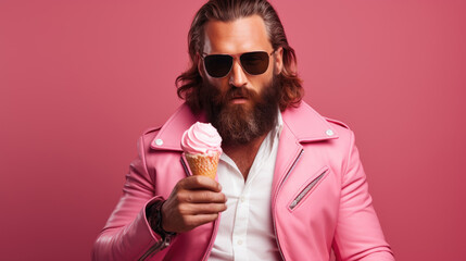 Long haired man with a beard holding an ice cream cone on a pink background
