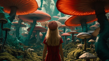Alice in Wonderland, a fabulous forest of big mushrooms, a girl in a fairy tale. Mushrooms trees...