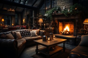 Coffee shop's cozy fireplace corner with comfy sofas, Generative AI 