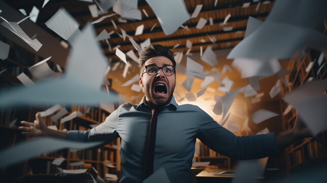 Angry male office worker threw paper documents up, deadline. Depression from work in a man, a large workload of document management