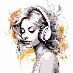 Beautiful woman listening to music HD, vector contour on white background