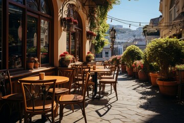 Coffee shop's outdoor seating area on a sunny day, Generative AI