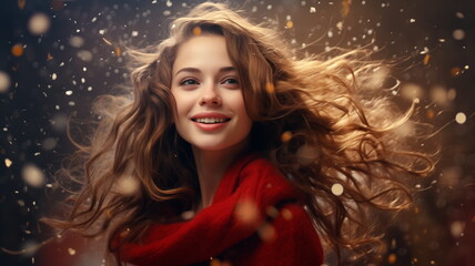 Christmas Portrait of happy woman on street, snow and joy walk in evening. Christmas holiday mood, smile on woman face