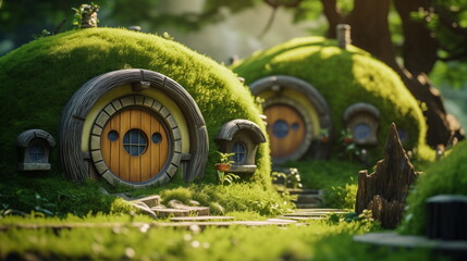 Shire village of hobbits, small fairy-tale houses in the ground with round doors - obrazy, fototapety, plakaty