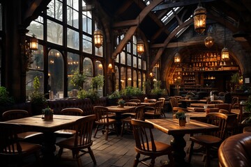 Fototapeta na wymiar Coffee shop's rustic wooden interior with warm lighting, Generative AI