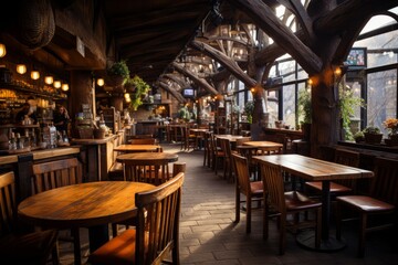 Fototapeta premium Coffee shop's rustic wooden interior with warm lighting, Generative AI